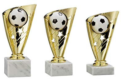 Henecka Fussball Pokal, Fußball Trophäe, Schraubfigur Fußballschuh & Fußball schwarz-weiß mit Siegesflamme Gold, Marmorsockel schwarz, mit Wunschgravur, wählbar in 3 Größen oder als 3er-Serie