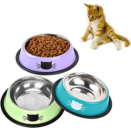 SUOXU Katzennäpfe aus Edelstahl, bunt, rutschfester Wassernapf, Welpen-Futternapf, Set mit 3 Metall-Katzennäpfen mit leiser Haustierfütterung (blau/lila/grün)