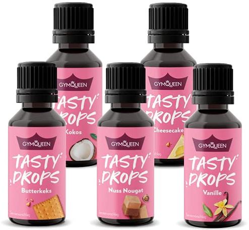 GymQueen Tasty Drops 5x30ml, Kalorienfreie, Zuckerfreie und Fettfreie Flavour Drops, Aroma Tropfen zum Süßen von Lebensmitteln, Geschmackstropfen ohne künstliche Farbstoffe