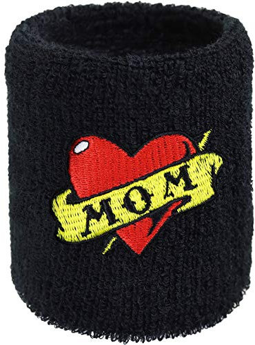 MOM Herz Schweissband Rockabilly Stickerei Schweißband Bestickt & Absorbierendes Frottee Merch Arm Schwarz Black Heavy Metal Konzert Wristband Festival Geschenk Schweiß-Armband