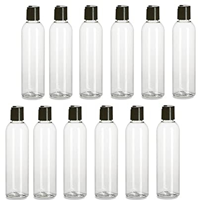 Natural Farms Kunststoff-Flaschen, 237 ml, transparent, mit schwarzem Scheibenverschluss, für ätherische Öle, Parfüm, Reinigungsmittel, 12 Stück