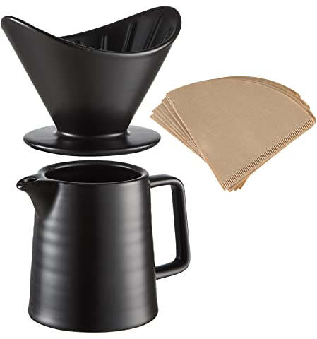 Ceramic Pour Over Coffee Maker, Dripper & Decanter Hand Brewer Durable Carafe and Cone Funnel Coffee Drip with Black Coffee Filter Pot 1-2 Cup