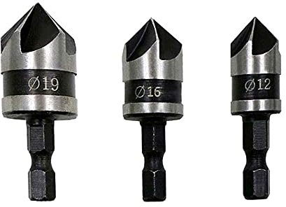 Dtoterul Senkbohrer Holz 3 Stück Versenkbohrer Kegelsenker Kegelsenker Set 5 Flöte Kegelsenker Senker Entgrater Set mit Metall Senker Sechskantschaft 90 Grad 5 Nuten Fasenwerkzeug, 12/16/19mm
