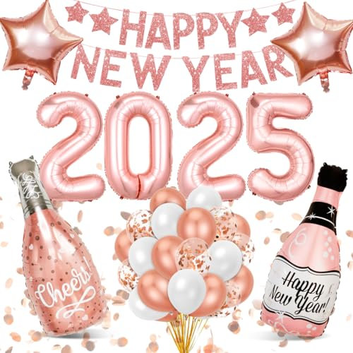 Decoration Nouvel An 2025, Happy New Year 2025, Decoration Bonne Annee, Deco Fete Nouvelle Année, 2025 Ballons Géants +XXL Ballons Champagne+ Confettis Ballons