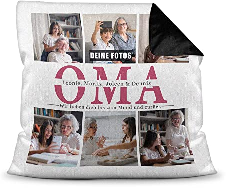 Foto-Kissen selbst gestalten - Oma wir lieben Dich - Collage mit 6 Fotos & Namen - Geschenk für die Beste Oma von Enkelkindern - inkl. Füllung, Farbkissen Rückseite Schwarz, 40x40 cm