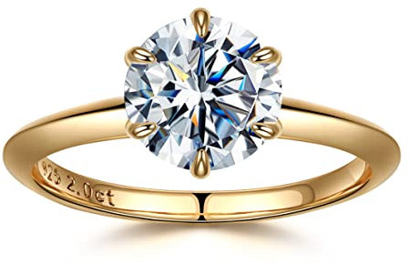 SMILEST 2ct Round Moissanite Engagement Ring for Women, Brilliant D Color VVS1 Clarity Classic Lab Created Diamond Solitaire Ring 18K White Yellow Rose Gold Vermeil 6 Claw Knife Edge Moissanite Rings
