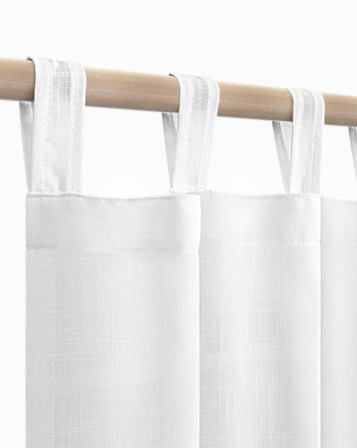 KOUFALL Weiße Leinen-Vorhänge, 213 cm lang, 2 Stoffbahnen, durchscheinend, halblichtfilternd, Schlaufen, Baumwolle, Boho, Landhausstil, Rüschenvorhänge für Schlafzimmer, Wohnzimmer