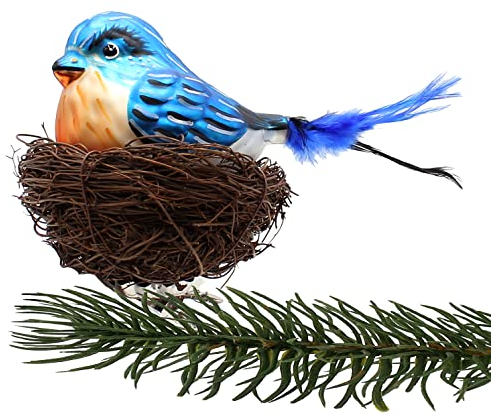 Dekohelden24 Lauschaer Christbaumschmuck - Glasvogel mit Nest aus Zweigen auf Clip, Blau, mit Schwanzfeder, Größe ca. 9 cm