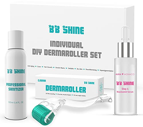 BB Shine Dermaroller Set zur Porenverkleinerung - Microneedling Set mit 30ml Niacinamid Serum, Dermaroller & 100ml Sanitizer - gegen große Poren für Microneedling zuhause