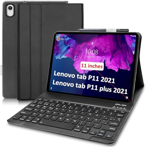 Étui clavier pour tablette Lenovo Tab P11 2021 et P11 Plus 2021 TB-J606/TB-J607 espagnol Ñ Clavier 11 pouces Protecteur SlimShell avec sans fil magnétique amovible noir