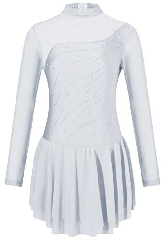 iEFiEL Mädchen Eiskunstlauf Kleid Langarm Glitzer Ballettkleid Swing Kleid Schaukel Tanzkleid Turnanzug Kinder Tanzkostüme Ze Weiß 152