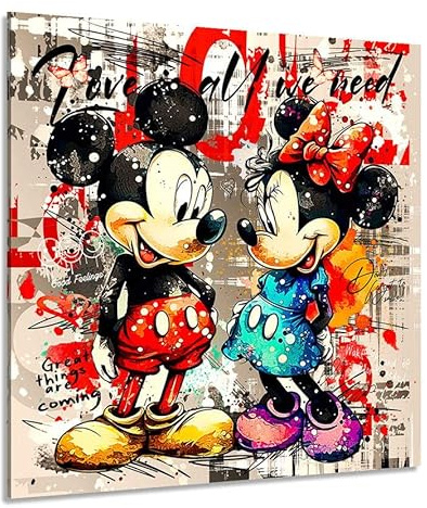 Kunstgestalten24 Leinwandbild Micky und Minnie Love is all you need Wandbild Retro Leinwand Wanddeko XXL Wandekoration Deko Bilder Hochwertiger Kunstdruck | 60x60x4cm