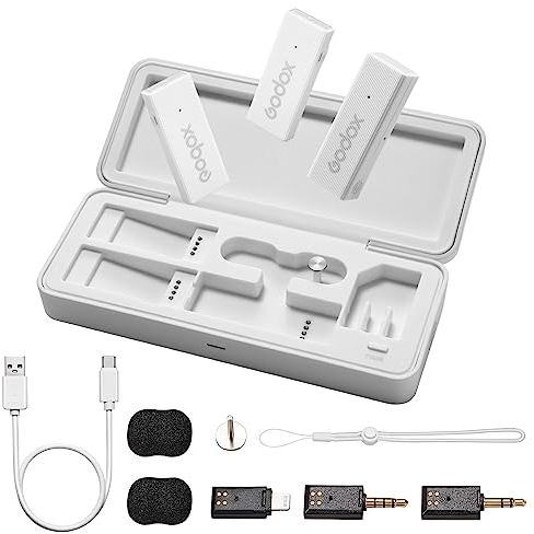 Godox Movelink Mini LT Kit 2 Drahtloses Lavalier Mikrofon System, 2,4 GHz 100 m (328 ft.) Drahtloses Mikrofon mit Ladekoffer für iPhone, Lightning, Kameras Vlogging, TikTok, Interviews (Weiß)