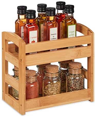 Relaxdays Bambus Gewürzregal mit 2 Etagen Portaspezie in bambù, Organizer per Spezie con 2 Ripiani, 23 x 25,5 x 15,5 cm, Espositore Spice Rack, Marrone