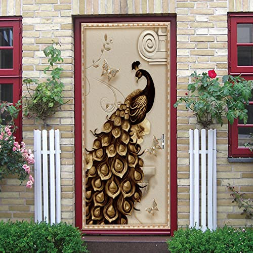 Türtapete Selbstklebend Türposter Künstlerischer Goldener Pfau 95X215Cm 3D Türaufkleber Wasserdichte Fototapete Türfolie Abnehmbar Wandaufkleber Wohnzimmer Küche Schlafzimmer Deko Wandbild