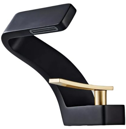 Mitigeur Lave Main Robinet Cascade Chaud Et Froid, Salle De Bains Entièrement En Cuivre, Toilettes, Lavabo À Main, Trou Unique, Or Brossé, Noir + Or