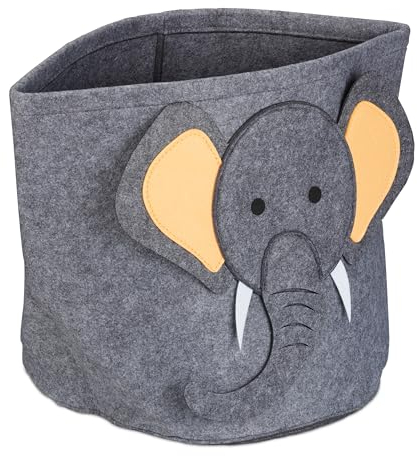 Relaxdays Aufbewahrungskorb Elefant, Stoffbox für Kinder, aus Filz, rund, faltbar, H x D: 35 x 32 cm, Spielzeugbox, grau
