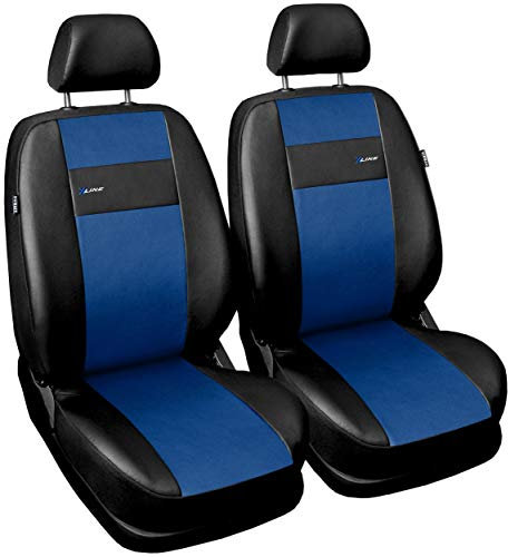 VORDERSITZE 2er Set Sitzbezüge Schonbezüge Sitzschoner Velour + Strickpolster oder Öko-Leder + künstliches Wildleder ®Auto-schmuck (X line blau)