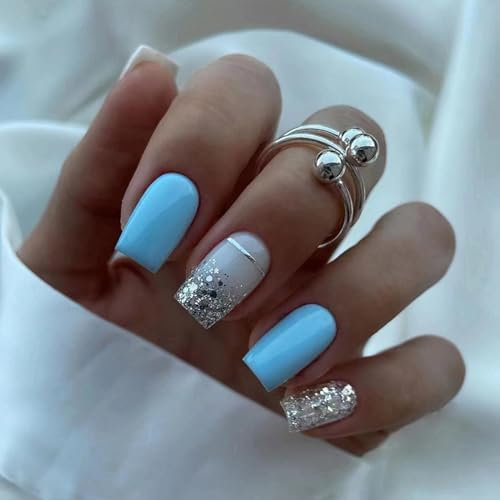 LOMYLM 24pcs Short Square False Nails Stick on Nails Blue White Press on Nails with Silver Sequins Removable Glue-on Nails Fake Nails Women Girls Nail Art Accessories