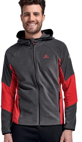 Athl Dpt. Felpa Uomo Pile micropile Cappuccio full ZIP e Tasche laterali chiuse - Giacchetto Sport Sci Trekking Tempo libero con cappuccio (M, Piombo/Rosso)