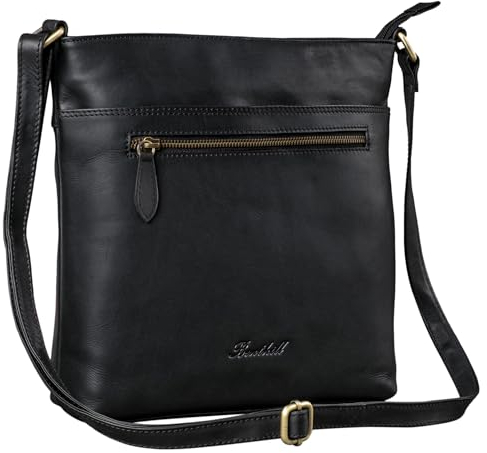 Benthill Damen Umhängetasche Leder - Tasche aus echtem Rindsleder - Handtasche mit Reißverschluss - Schultertasche/Ledertasche - Vintage Shopper, Farbe:Schwarz