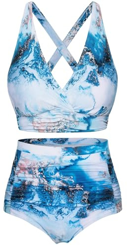 Voqeen Womens Bikini Sets High Waisted 2 Piece Swimsuit Padded Push Up Bikini Top & Bottoms Tummy Control Ruched Bathing Suits Vintage Halter Swimming Costume Beachwear Ladies Swimwear Blue
