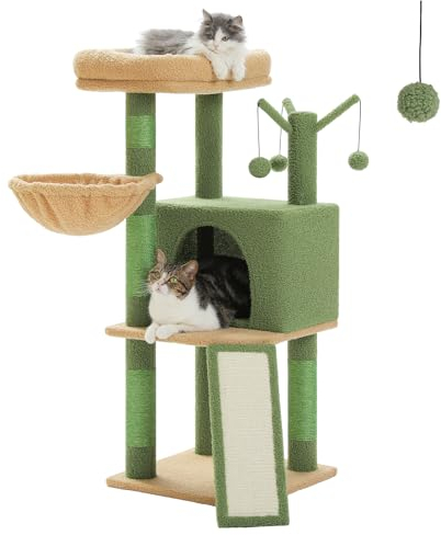 PurpurRain Arbre à chat à plusieurs niveaux pour chats domestiques, condo avec griffoirs recouverts de sisal, hamac profond et jouet interactif pour chat Gris 105 cm (vert)