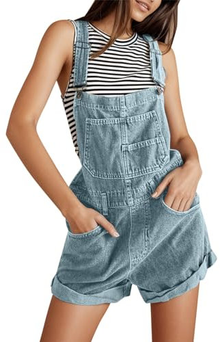 KBOPLEMQ Salopette da donna in jeans corti, pantaloni con gamba dritta, pantaloni in denim, tuta da donna, pantaloni corti, Azzurro, L