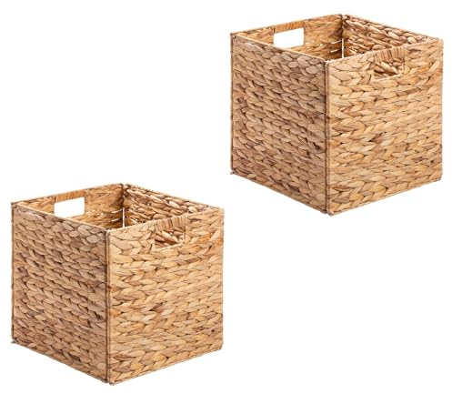 Regalbox Korb CAO 2er Set, natur - Handgefertigte Körbe aus Wasserhyazinthe, faltbar mit robusten Griffen. Vielseitig für Schlafzimmer, Büro, Wohnzimmer. Praktisch, Dekorativ, Regalkorb, Aufbewahrungs
