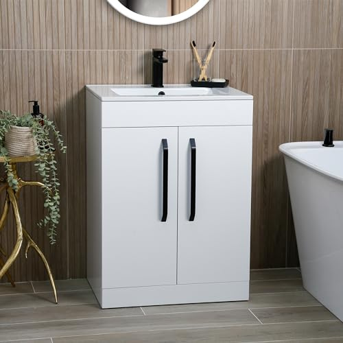 Go Bathrooms Valta 615mm White Vanity Unit Under Sink Bathroom Cabinet Fully Assembled Includes Ceramic Basin Sink Floor Standing with Black Handles Black Basin Tap & Pop Up Waste