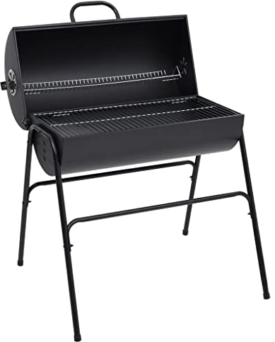 Barbacoa de barril con 2 parrillas de cocción, color negro, 80 x 95 x 90 cm, de acero, para casa y jardín, cocina y comedor (12,1 kg)