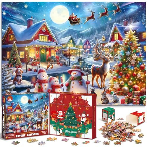 Puzzle-Adventskalender 2024 für Kinder und Erwachsene, 1008 Teile, Puzzle, 24 Tage, Countdown-Kalender, Familienspiel, Weihnachtsgeschenke für Kinder und Erwachsene, Weihnachtsdorf (70 x 50 cm)