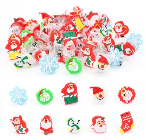 TSLBW 50 Stück Weihnachtsringe Blinkende Fingerringe Leuchtende Gummiringe für Kinder Weihnachtsfeier Weihnachtsgeschenke Weihnachtsbaummuster LED-Blinkringe Weihnachtsstrumpf