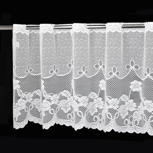 Molaxhome Homey Sheer Embroidered Pink Flowers Leaves Vine Window Treatment Valance Great for Kitchen Bedroom (White, 59Wx17.7L)
