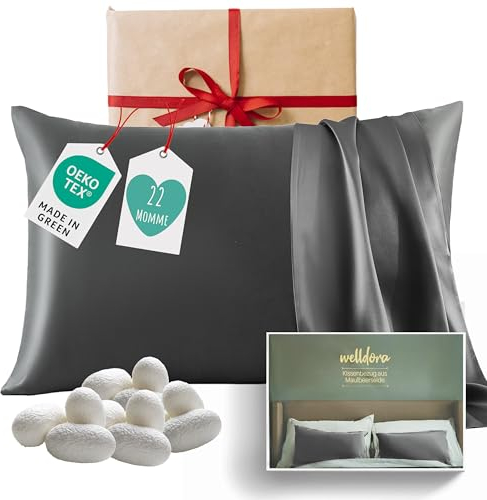 Welldora Kissenbezug 100% Seide 40x80 | Hohes Gewicht 22 Momme, ideal für Haut und Haar | Höchste Güteklasse 6A | Oeko-Tex zert. in der Schweiz | Seidenkissenbezug Silk Pillowcase Schiefergrau