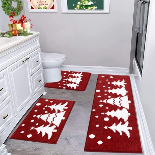 Enyhom Weihnachtsbaum Badvorleger Set 3 Teilig, Badezimmerteppich Badteppich Set rutschfeste Wasserabsorbierend Schneeflocken WC Toilettenmatte Maschinenwaschbar Duschvorleger Duschteppich,Rot