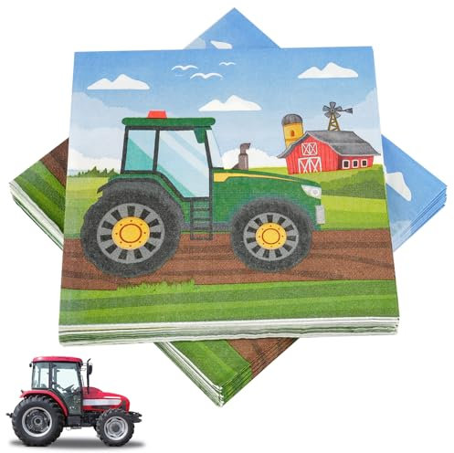 40 Stück Servietten Traktor, 33x33cm Quadratisch Servietten Kindergeburtstag, Traktor Partygeschirr, Traktor Servietten Geburtstag für Jungen Mädchen Mottoparty