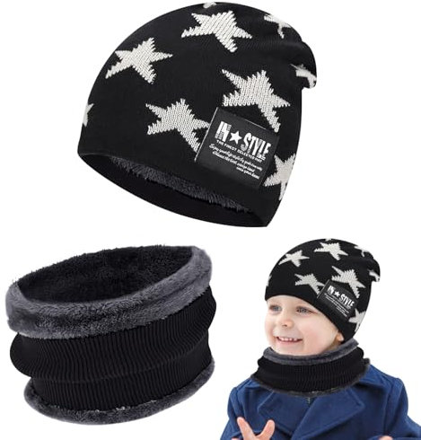 Kinder Wintermütze, Kinder Winter Warm Beanie Mütze und Mütze Loop Schal Set, Wintermütze mit schal kinder mit Fleece Gefütterte, Mütze schal kind, Geschenk für 5-15 Jahre Jungen Mädchen (black)