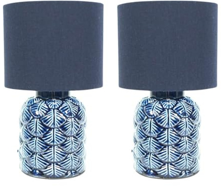 ValueLights | Set of 2 - Navy Blue Textured Scallop Effect Ceramic Table Lamp with Fabric Drum Lampshade Living Room Bedroom Light | Table Lamps & Home Improvements Essential
