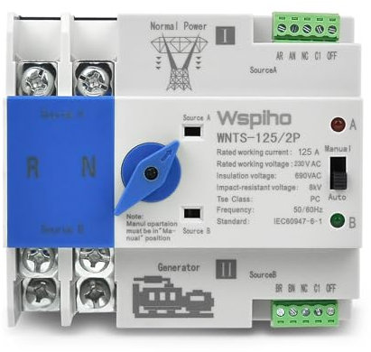 WSPIHO Interruttore automatico 230 VAC, corrente di emergenza, 125 A, interruttore di alimentazione a doppia potenza, 2 poli per circuito di priorità di rete