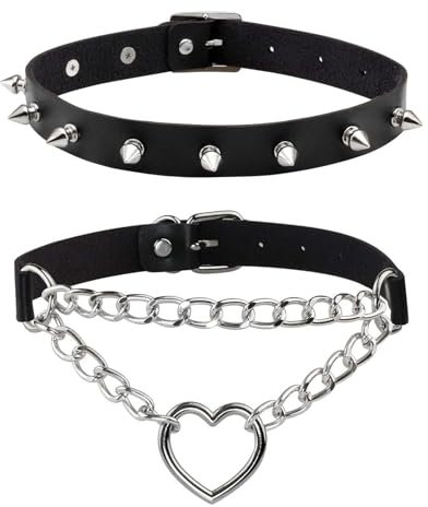 2PCS Vintage Gothic Punk Black Studded Leather Choker Necklace With Heart - Adjustable PU Leather for Women and Men