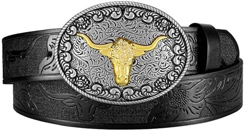 JasGood Western Ledergürtel für Herren Damen Cowboy Cowgirl Herren Gürtel Graviert Geprägter Ledergürtel mit Abnehmbare Schnalle für Jeans Hosen Rodeo,Schwarz,100cm