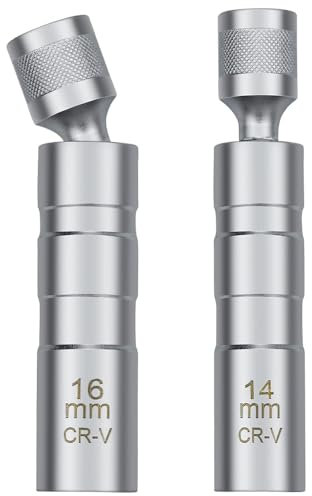 2Pcs Thin Wall Spark Plug Socke, 3/8 inch 12-Point Universal Joint Magnetic Swivel Spark Plug Socket Set, 14mm & 16mm Spark Plug Removal Tool for Motorcycle Spark Plugs and Small Car Engines