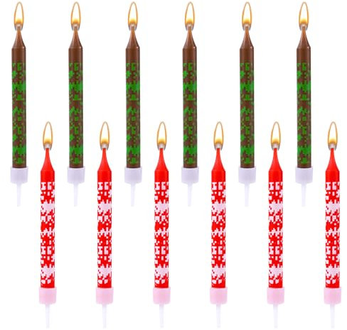 12pcs Pixel Birthday Candles, Pixel Candles TNT Themed Birthday Cupcake Candles Pixel Miner Birthday Cake Candle Topper Pixel Birthday Party Supplies for Graduation Wedding Party Decoration