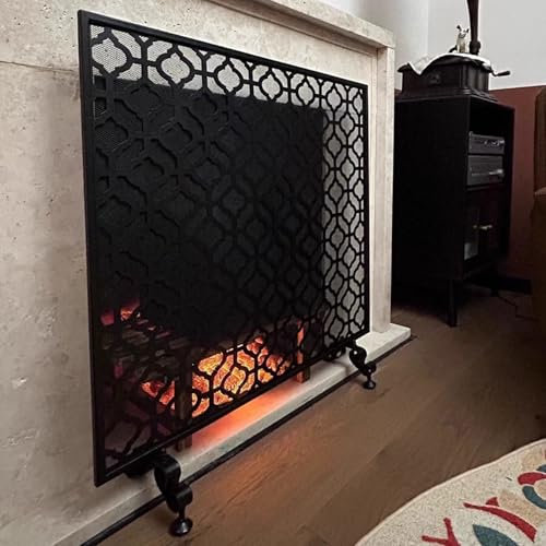 (es:Pantalla para Chimenea Rectangular Extragrande, Malla de Seguridad rústica para Chimenea, Rejilla Protectora contra chispas de un Solo Panel para decoración del hogar (Negra, 101 x 81