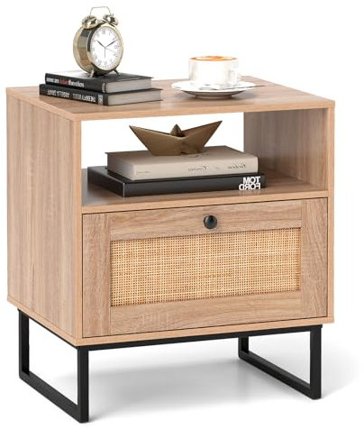 COSTWAY Table de Chevet Bois, Table de Nuit Rotin avec Tiroir, Pieds en Métal, Design Cannage, Compartiment, Style Bohème, Chevet Bois pour Chambre, Salon
