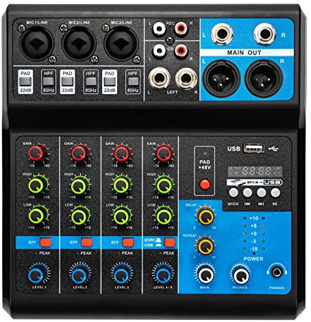 MINRS Mini Audio DJ Mixer Soundboard Console System 5 Kanal Stereo Sound Mischkonsole DJ-Aufnahme-Mixer Soundboard-Mischpult USB Bluetooth MP3 48V Phantomspeisung