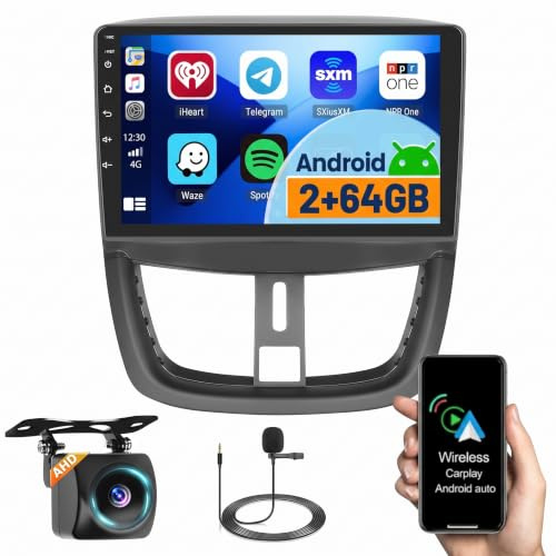 Fuluku 2+64GB Android Radio para Peugeot 207 2005-2015 | Inalámbrico Carplay Android Auto, 9'' Pantalla táctil Radio Coche Bluetooth/GPS/Cámara de Marcha Atrás/FM/WiFi/SWC/26UI