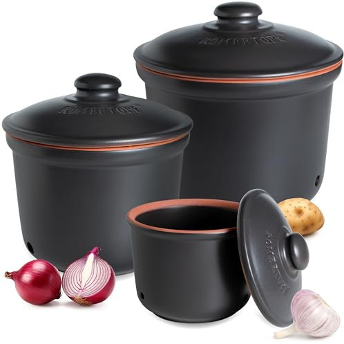 Römertopf Frische-Topf 3er Set - Knoblauch, Zwiebel und Kartoffel Aufbewahrungsbox Keramik - Atmungsaktiver Ton hält Gemüse länger frisch - Schwarz