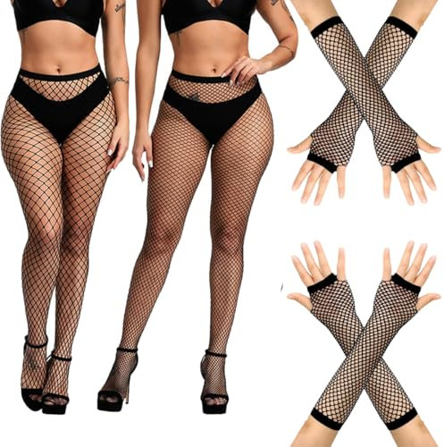 FENQURO 2 Pcs Medias Rejilla Mujer y 2 pares de guantes elásticos de rejilla, Medias de Rejilla Negras de Cintura Alta, Medias Malla Pantimedias Elástico, Medias Mujer Sexy para Forma Unas Piernas
